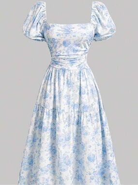 Square Neck Puff Sleeve Maxi Dress in Blue Floral